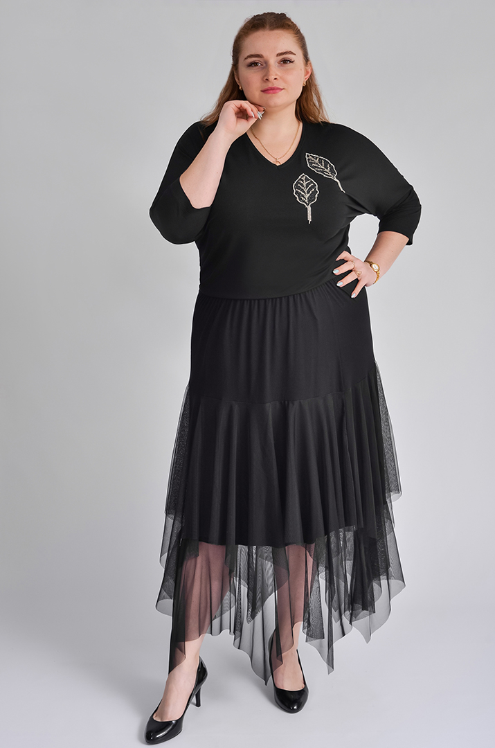 Чорна спідниця максі з фактурною сіткою великих розмірів