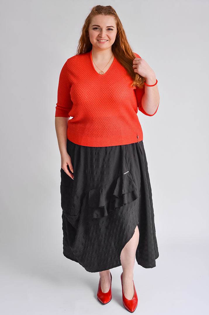 Спідниця міді жатка з рюшами та вирізом великих розмірів