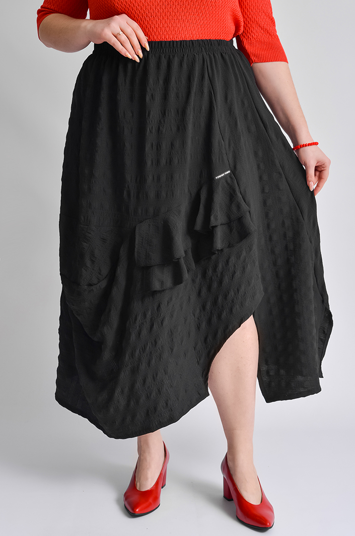 Спідниця міді жатка з рюшами та вирізом великих розмірів