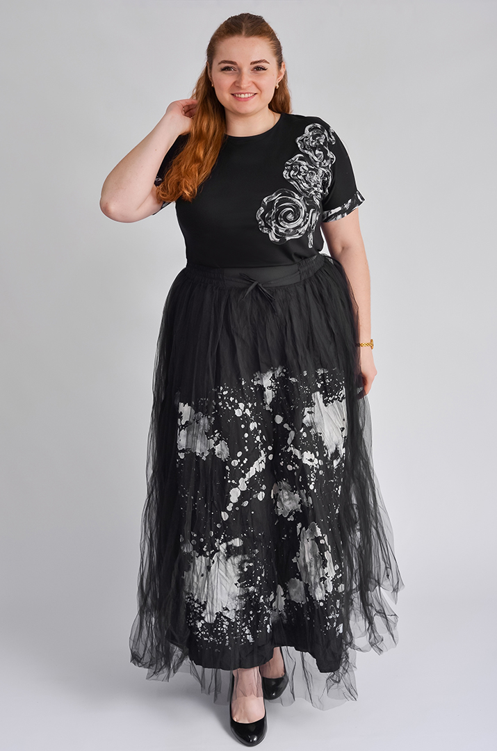 Спідниця максі з абстрактним білим принтом великих розмірів