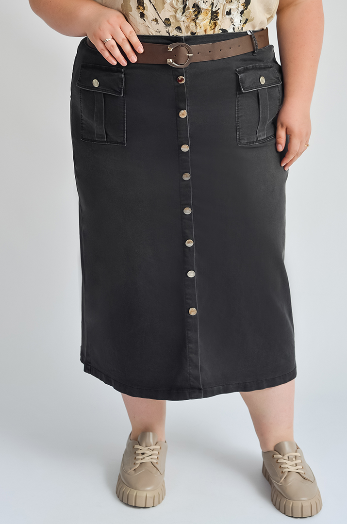 Джинсовая юбка миди с поясом в комплекте больших размеров