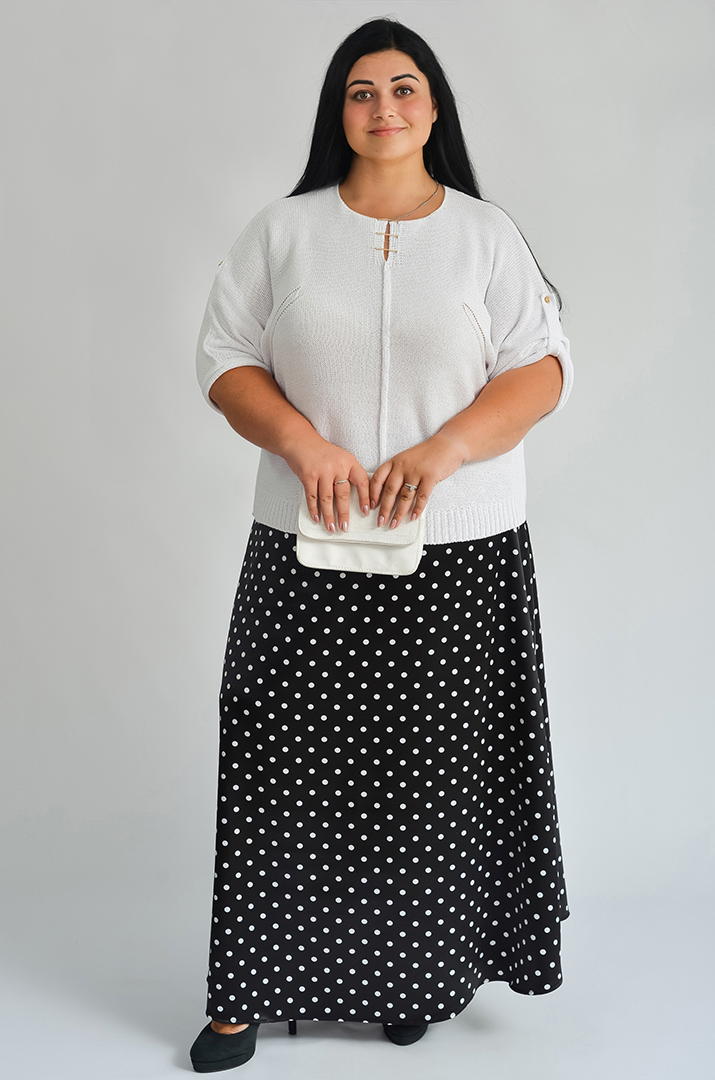 Атласна спідниця максі чорна в білий горох великих розмірів