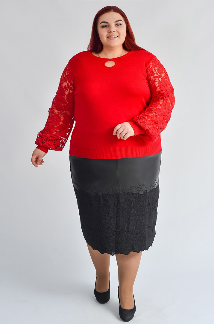 Спідниця міді з екошкіри з декоративною прошвою великих розмірів