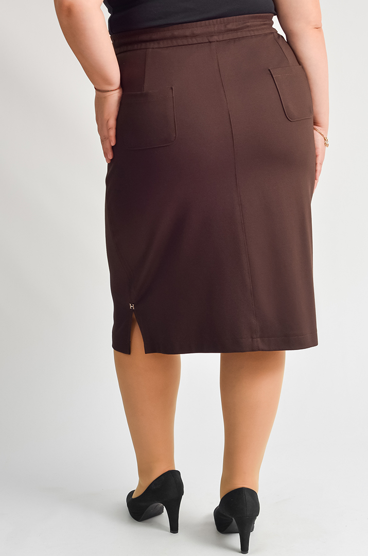 Спідниця міді в шоколадному відтінку з акцентним шнурком великих розмірів