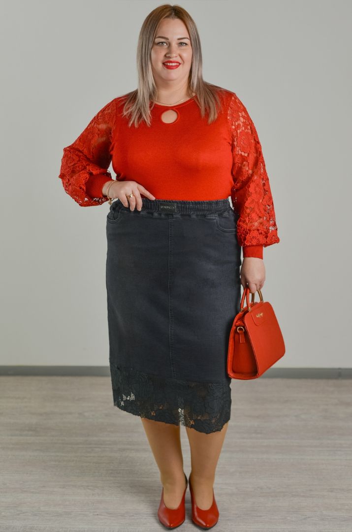 Спідниця міді з ажурною прошвою в чорному кольорі великих розмірів