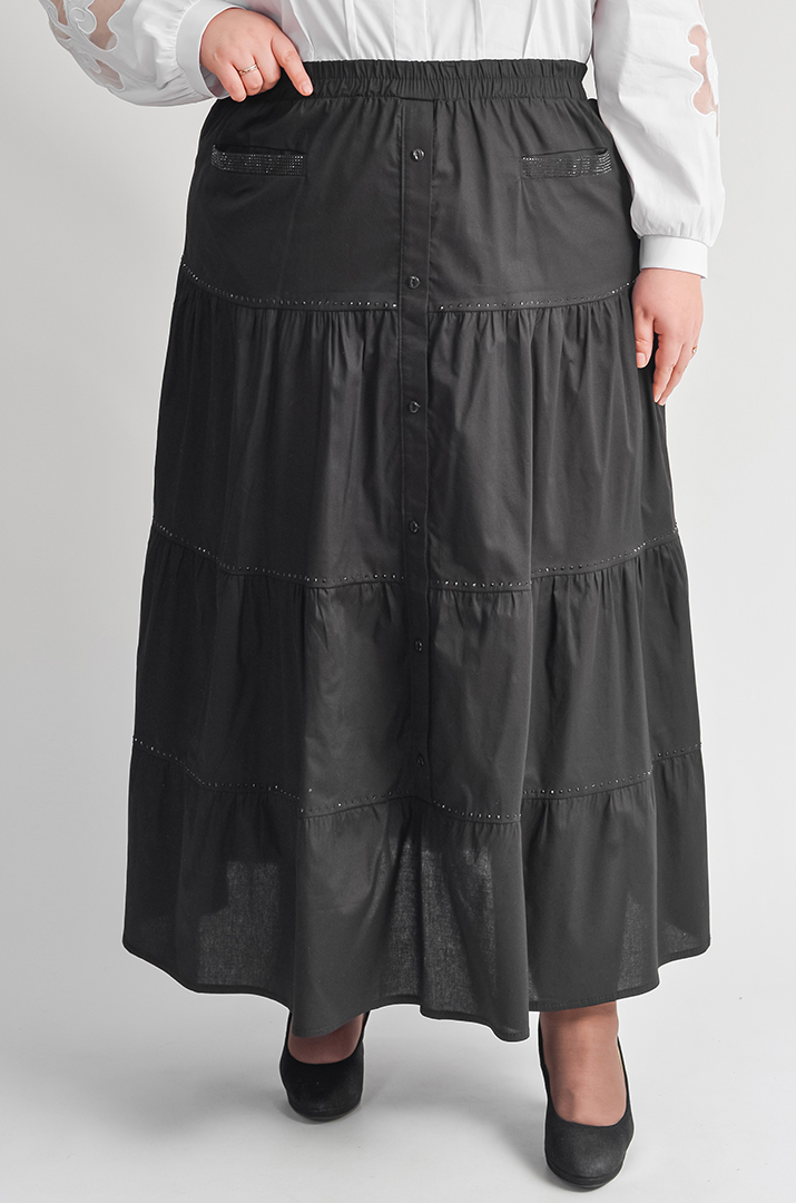 Чорна спідниця максі з декоративними гудзиками та стразами великих розмірів