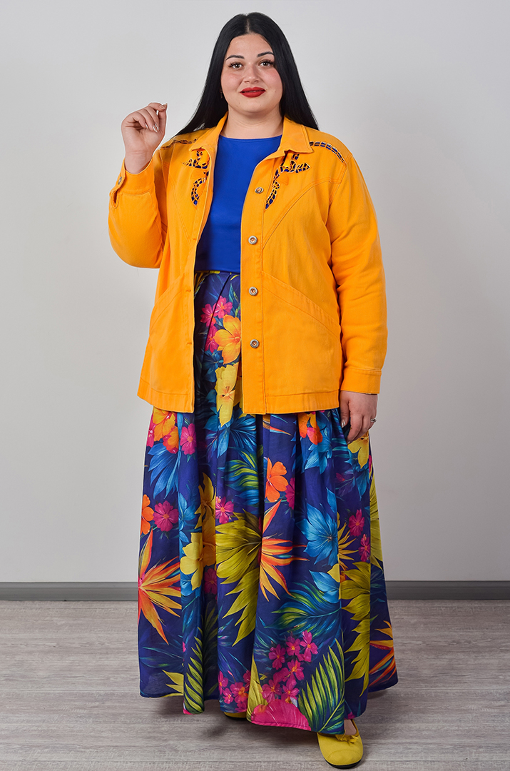 Спідниця максі  з яскравим малюнком та декоративним поясом великих розмірів