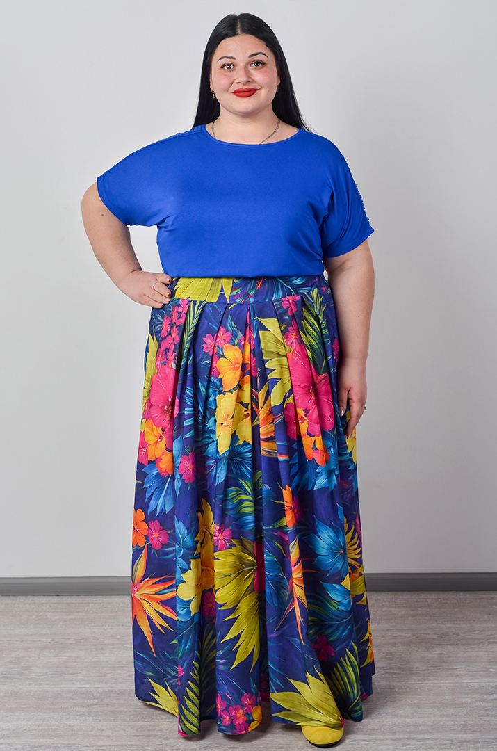 Спідниця максі  з яскравим малюнком та декоративним поясом великих розмірів