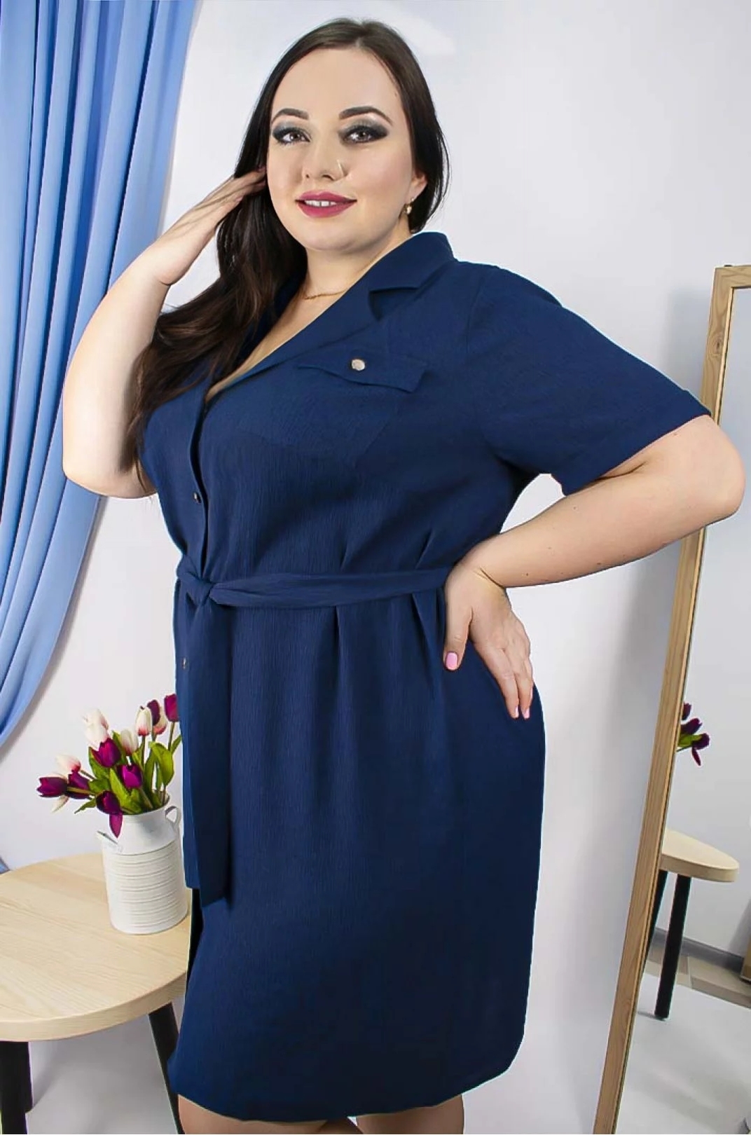 Короткое платье с поясом супер батал