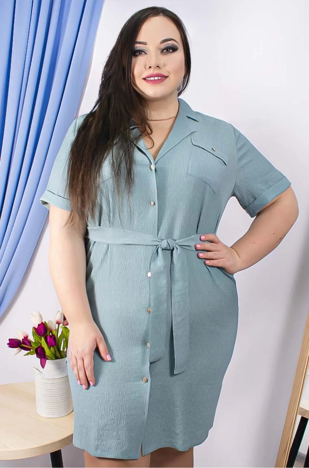 Короткое платье с поясом супер батал