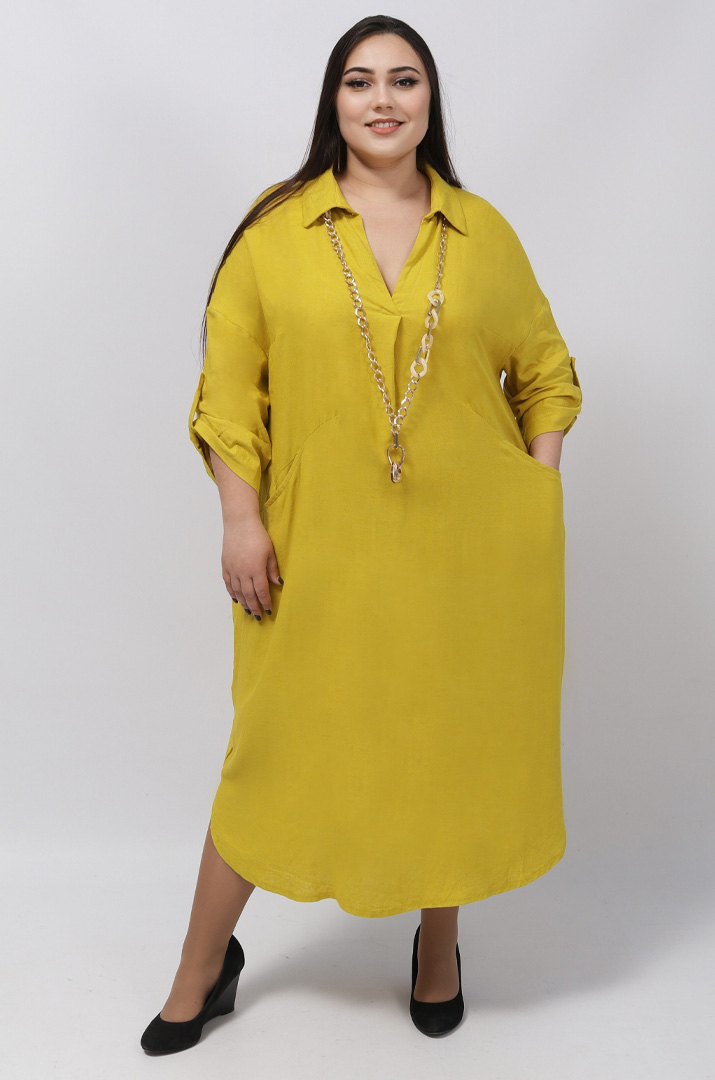 Льняна однотонна сукня з прикрасою батал