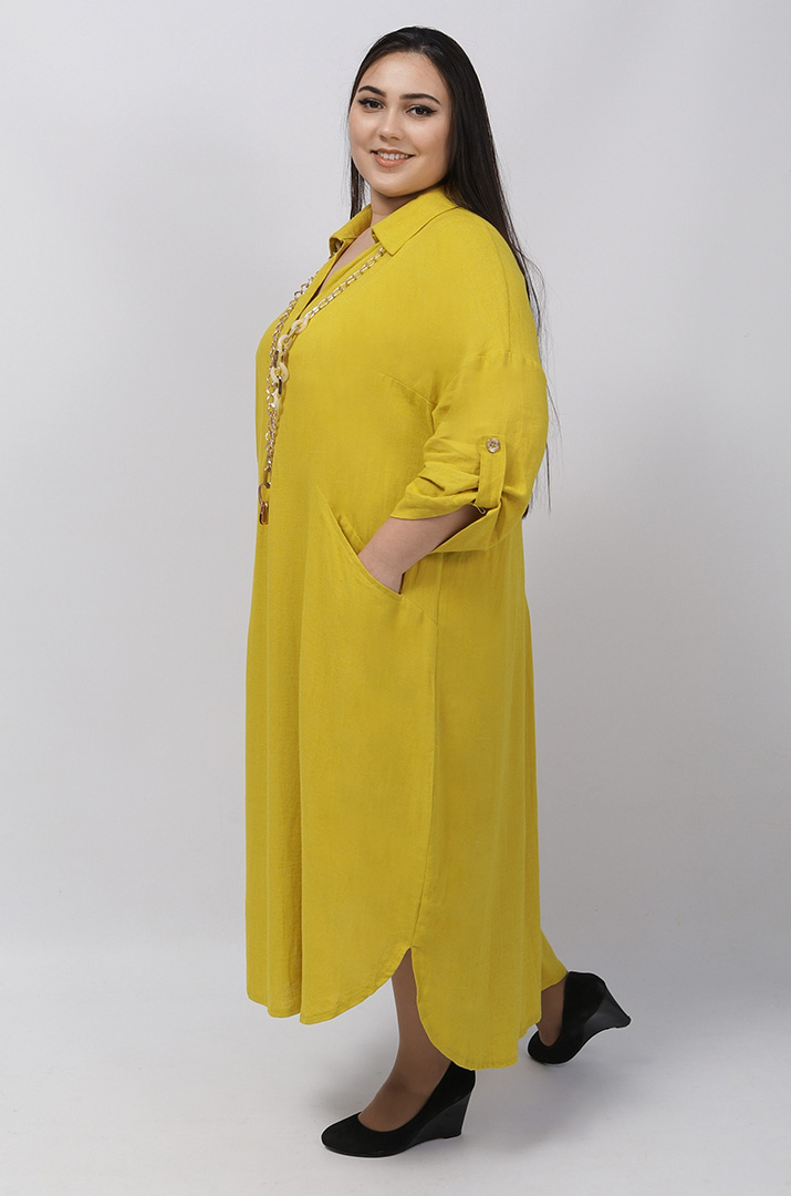 Льняна однотонна сукня з прикрасою батал