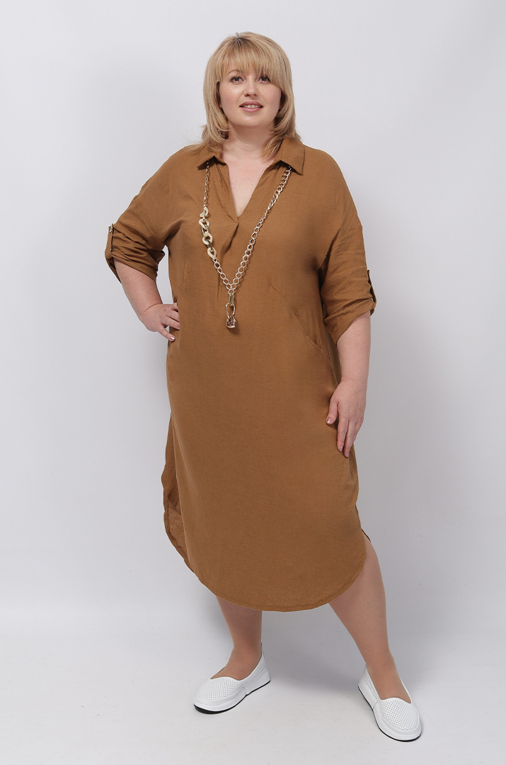 Льняна однотонна сукня з прикрасою батал