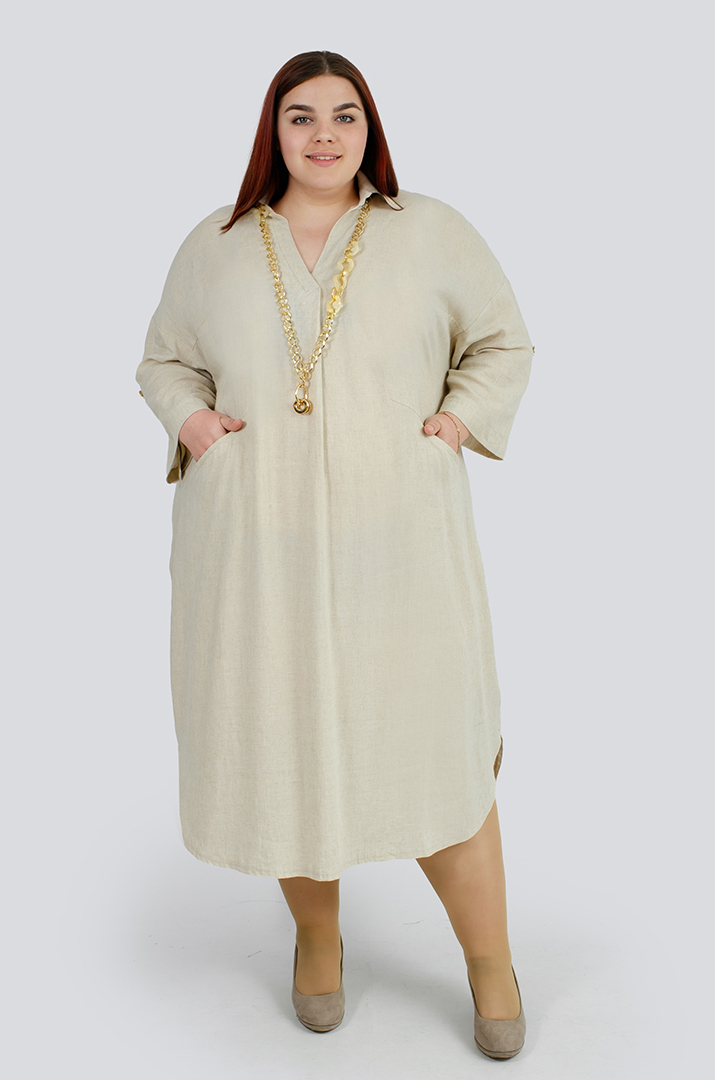 Льняна однотонна сукня з прикрасою батал