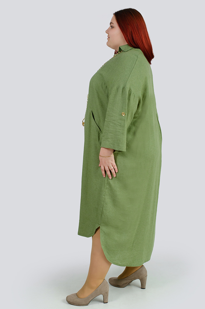 Льняна однотонна сукня з прикрасою батал