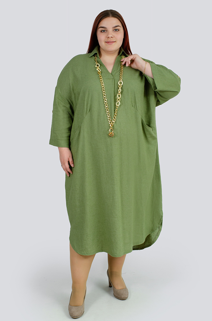 Льняна однотонна сукня з прикрасою батал