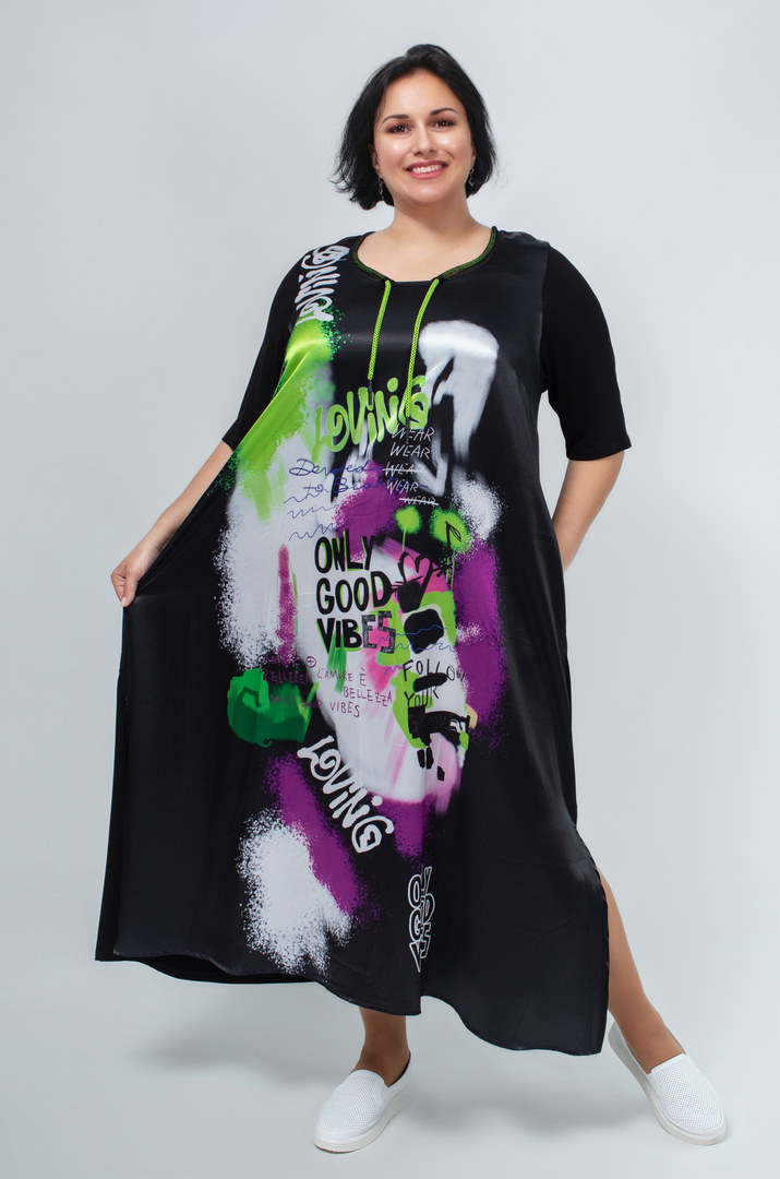 Сукня максі трапеція в кольоровий принт батал