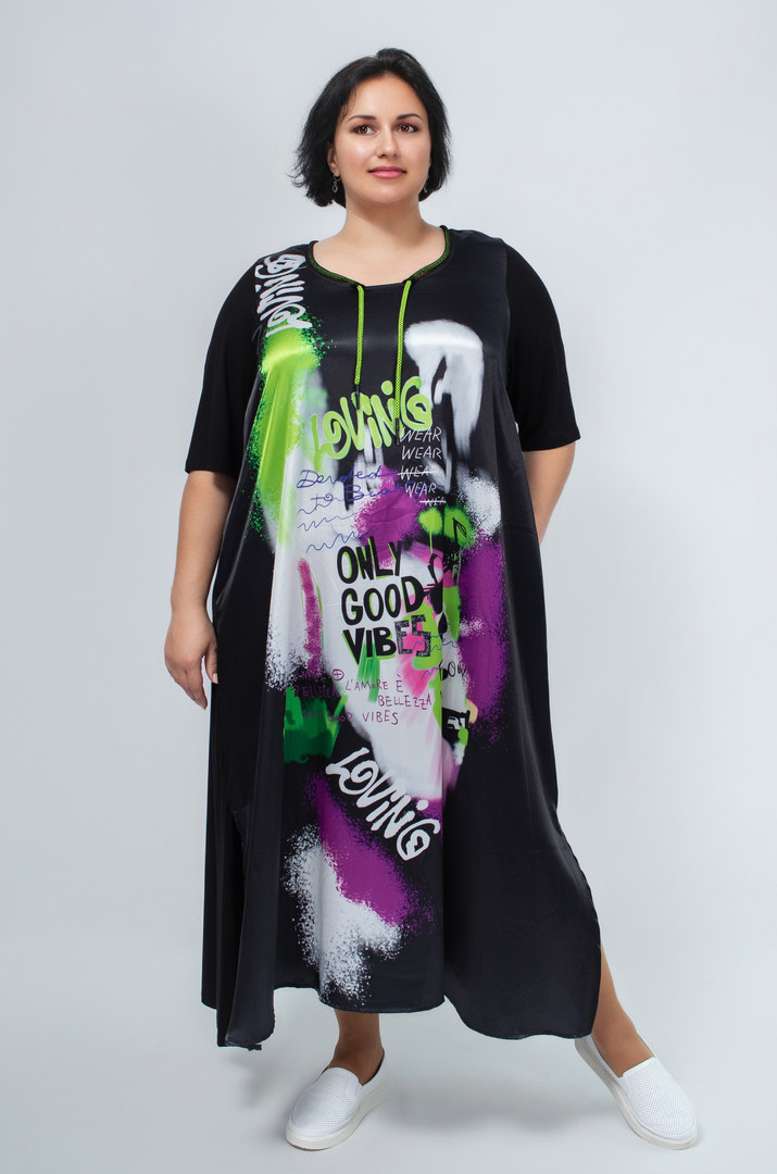 Сукня максі трапеція в кольоровий принт батал