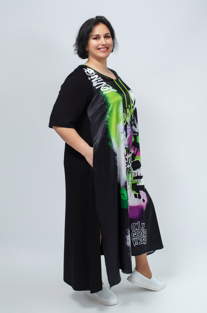 Сукня максі трапеція в кольоровий принт батал