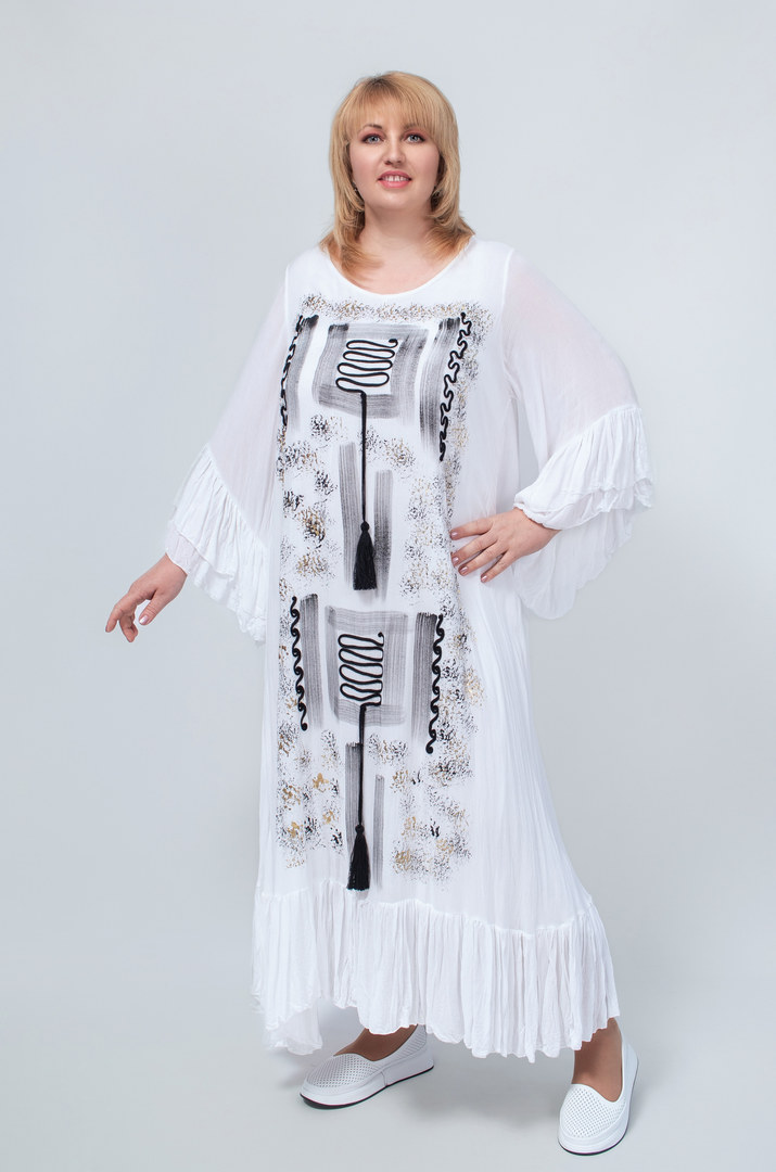 Платье макси трапеция в белом и фиолетовом цвете батал