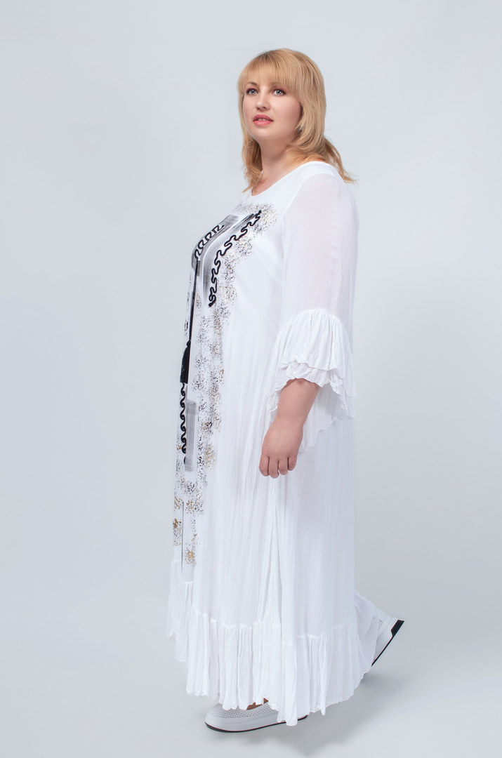 Платье макси трапеция в белом и фиолетовом цвете батал