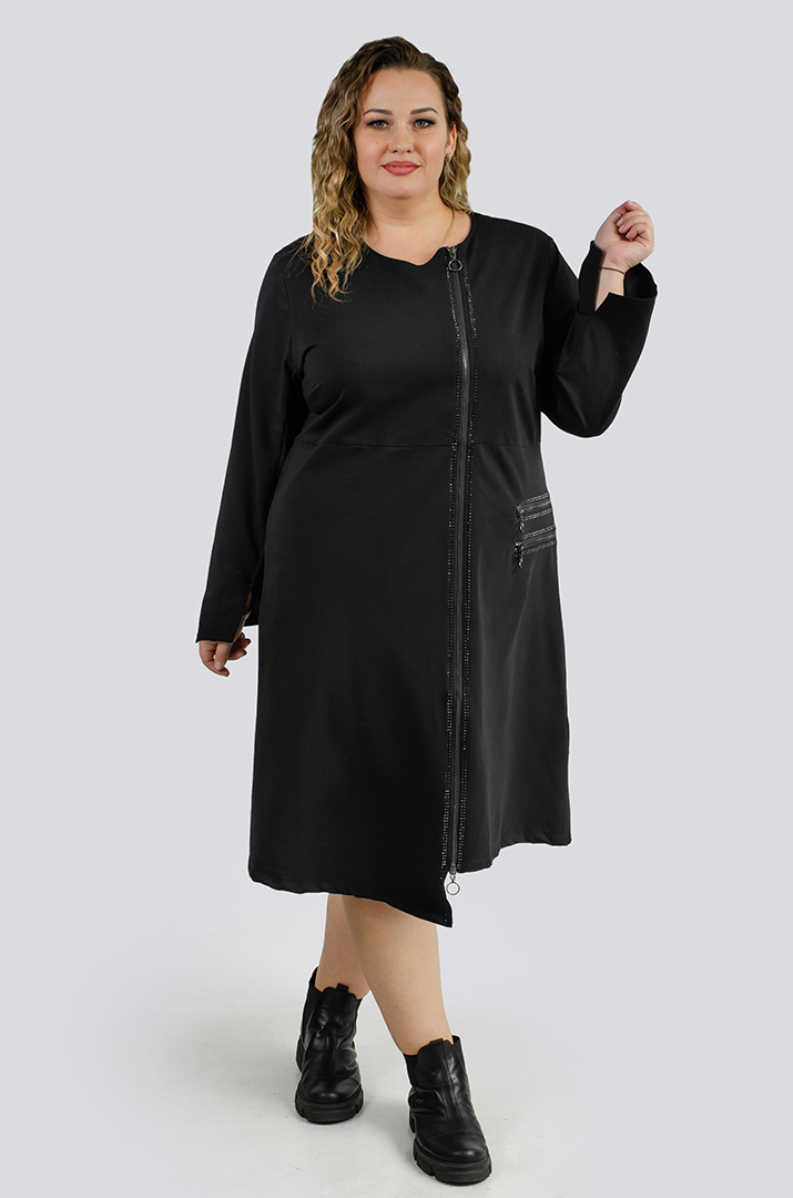 Черное платье миди с молниями и стразами больших размеров