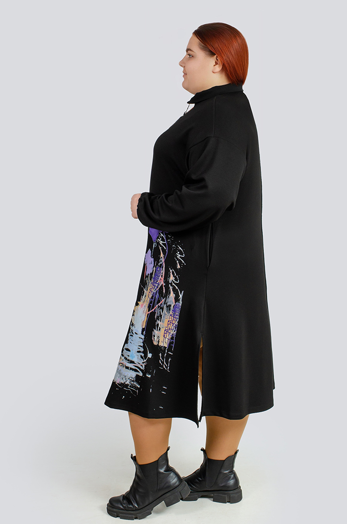 Чорна сукня міді з розрізами, принтом та блискавкою великих розмірів