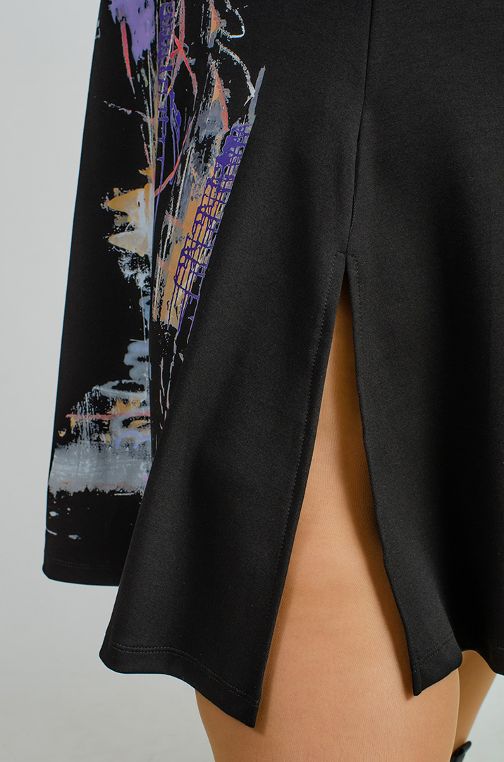 Чорна сукня міді з розрізами, принтом та блискавкою великих розмірів