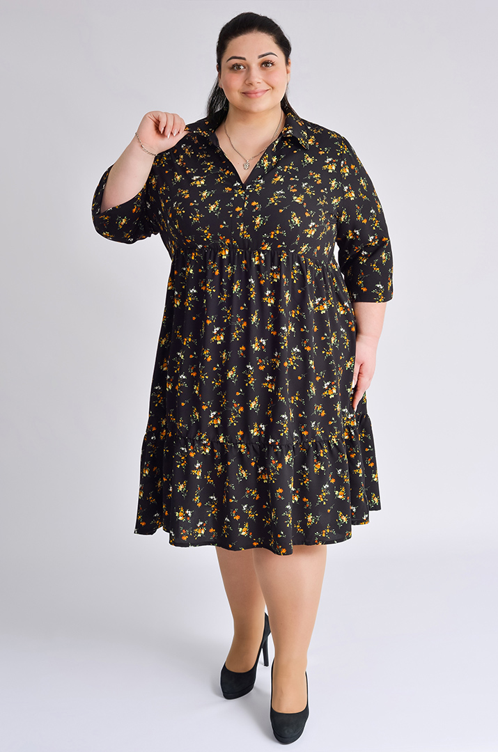 Платье миди с воланом в цветочный принт больших размеров