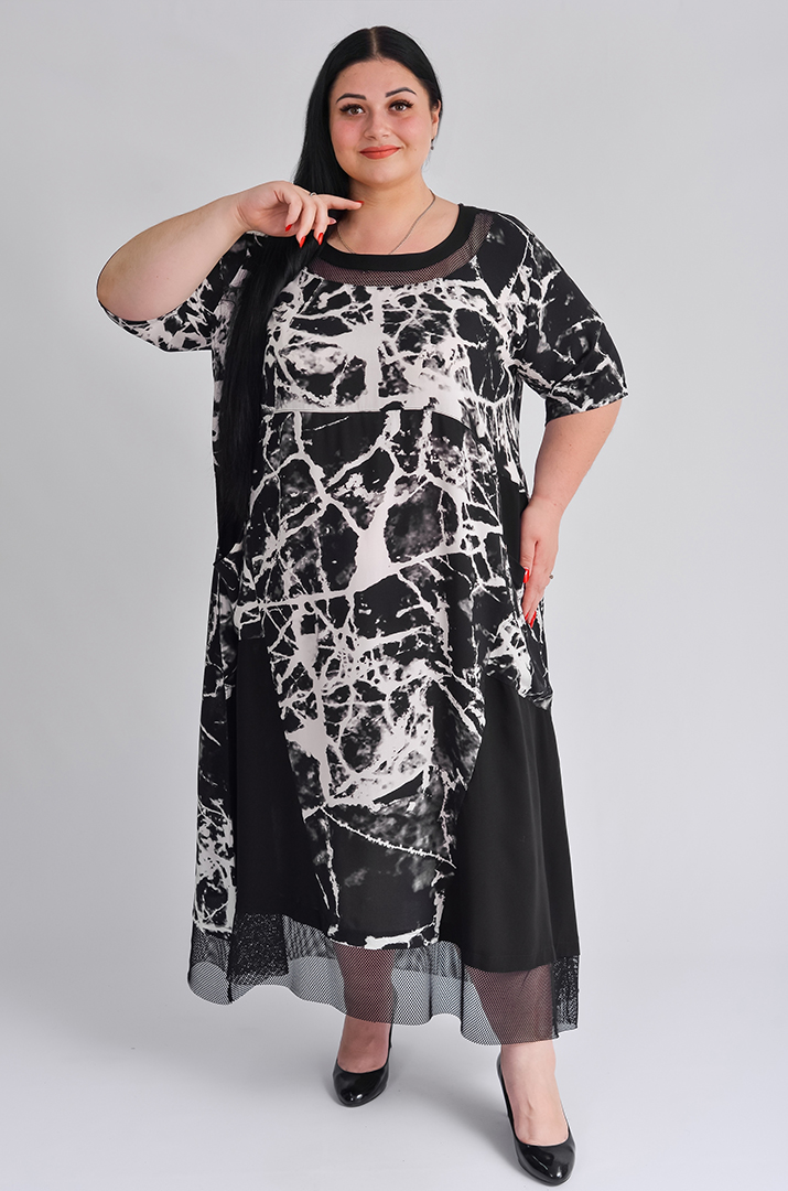 Сукня максі чорно-біла з сіткою великих розмірів