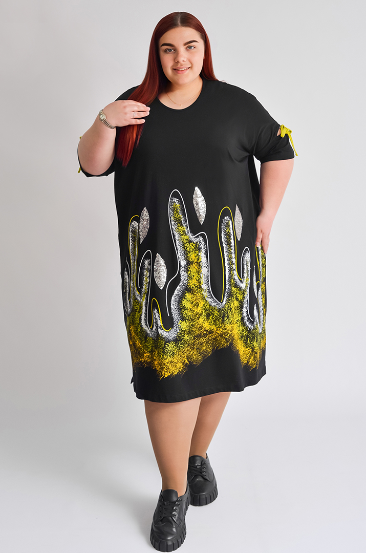 Сукня міні чорна з принтом та паєтками великих розмірів