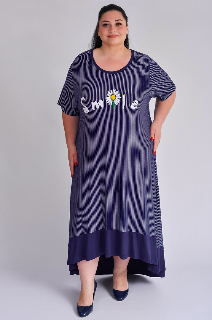 Платье миди в полоску с асимметричным низом и надписью больших размеров