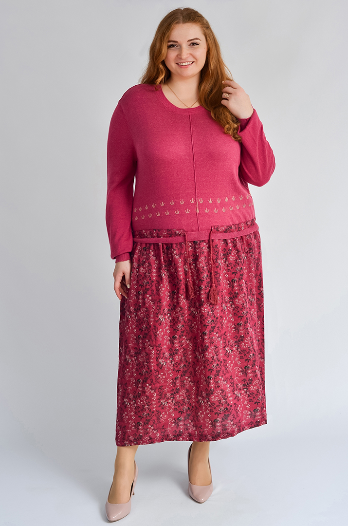 Платье макси с льняной юбкой и вязаным верхом больших размеров