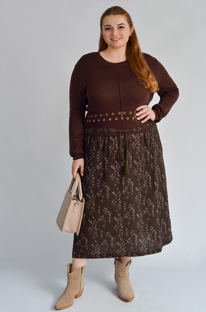 Платье макси с льняной юбкой и вязаным верхом больших размеров