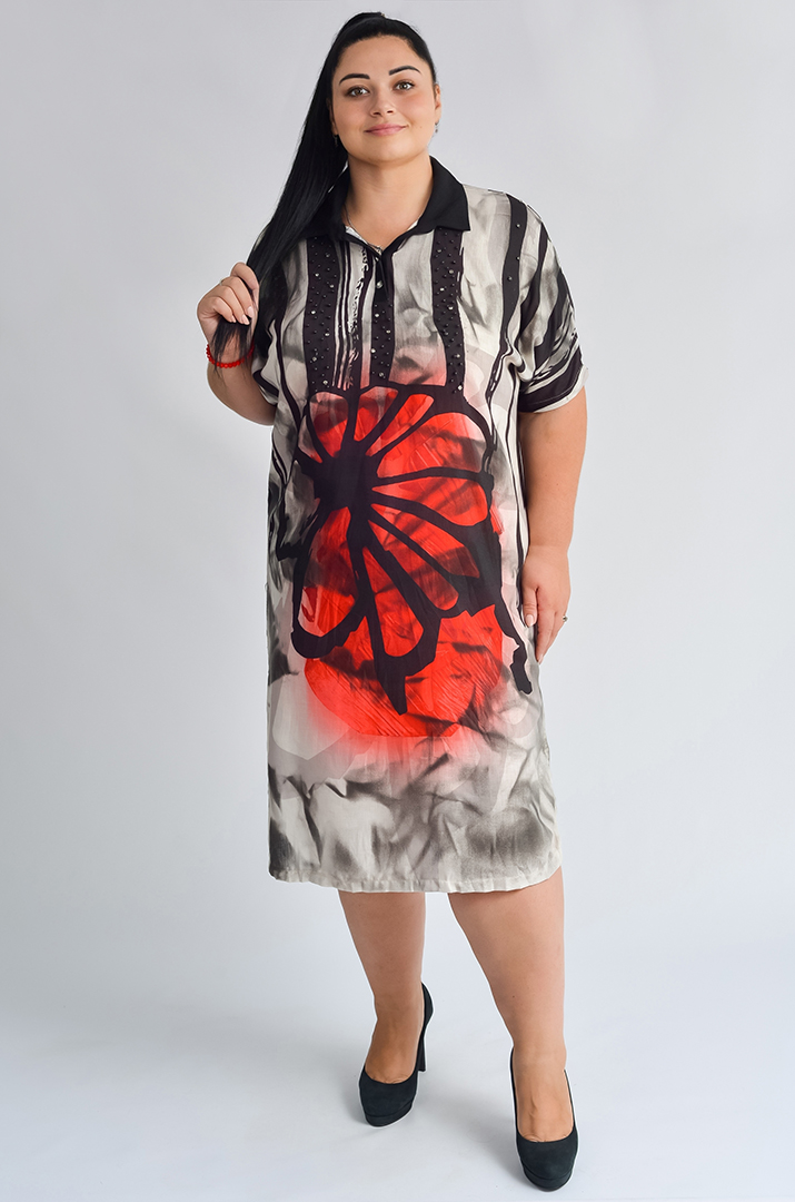 Сукня міді з абстрактною червоно-чорною квіткою великих розмірів
