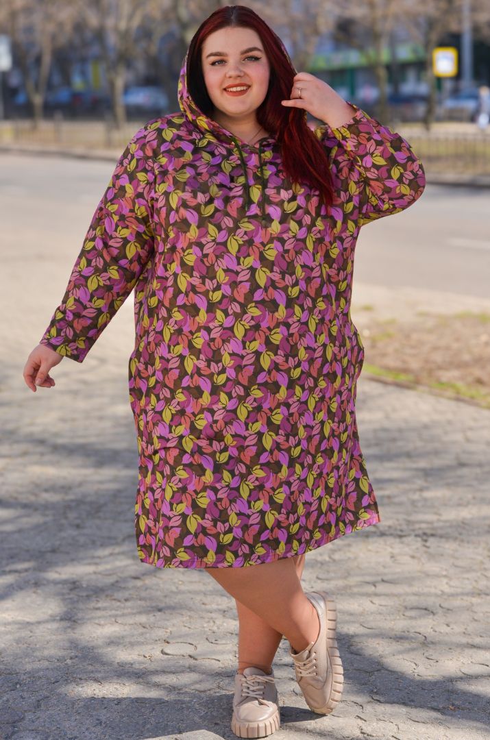Сукня з капюшоном з художнім принтом листочків великих розмірів