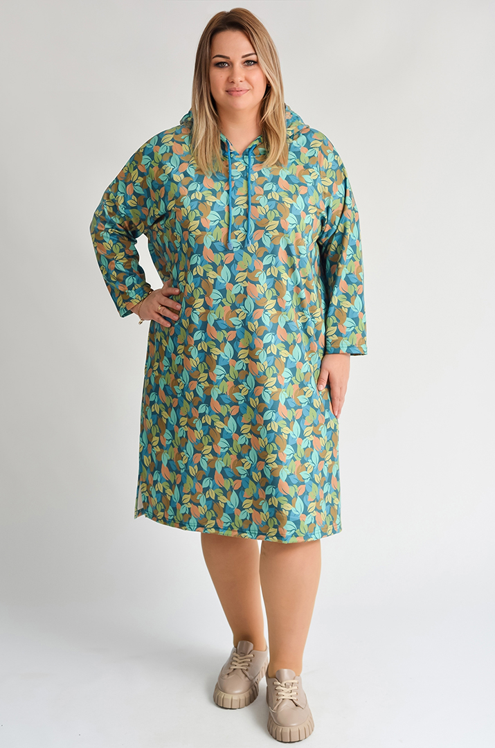 Сукня з капюшоном з художнім принтом осіннього листя великих розмірів