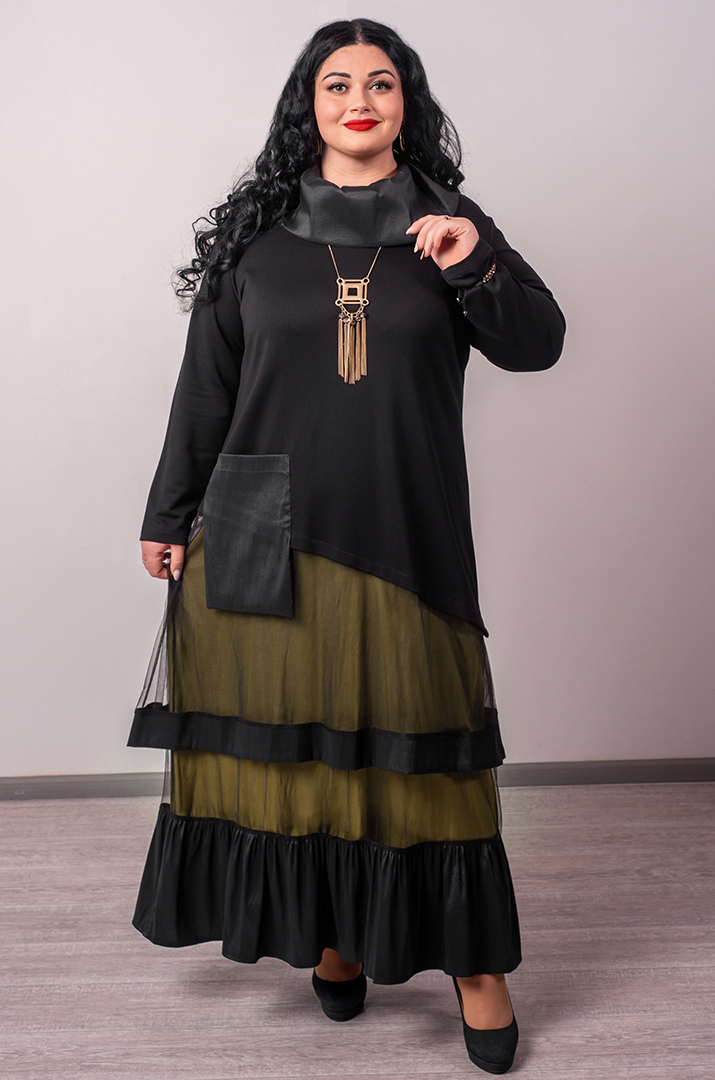 Сукня максі з контрастною спідницею та декоративною кишенею великих розмірів