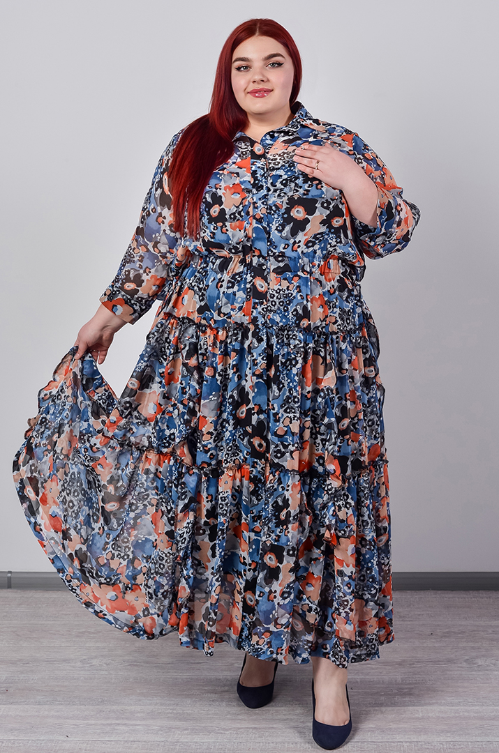 Шифонова сукня двійка максі з багатоярусною спідницею великих розмірів