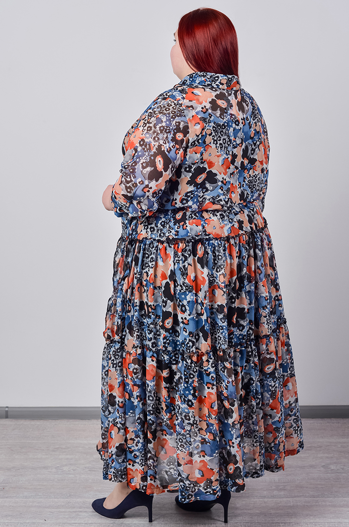 Шифонова сукня двійка максі з багатоярусною спідницею великих розмірів