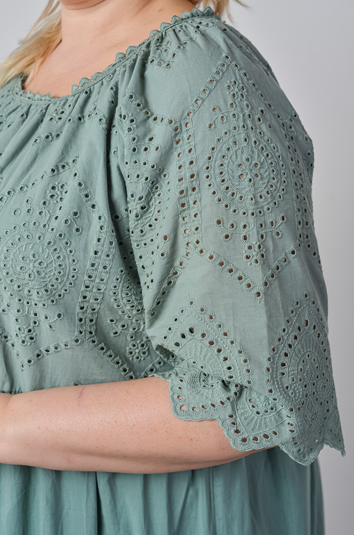 Сукня максі з ажурною вишивкою та фактурними рукавами великих розмірів