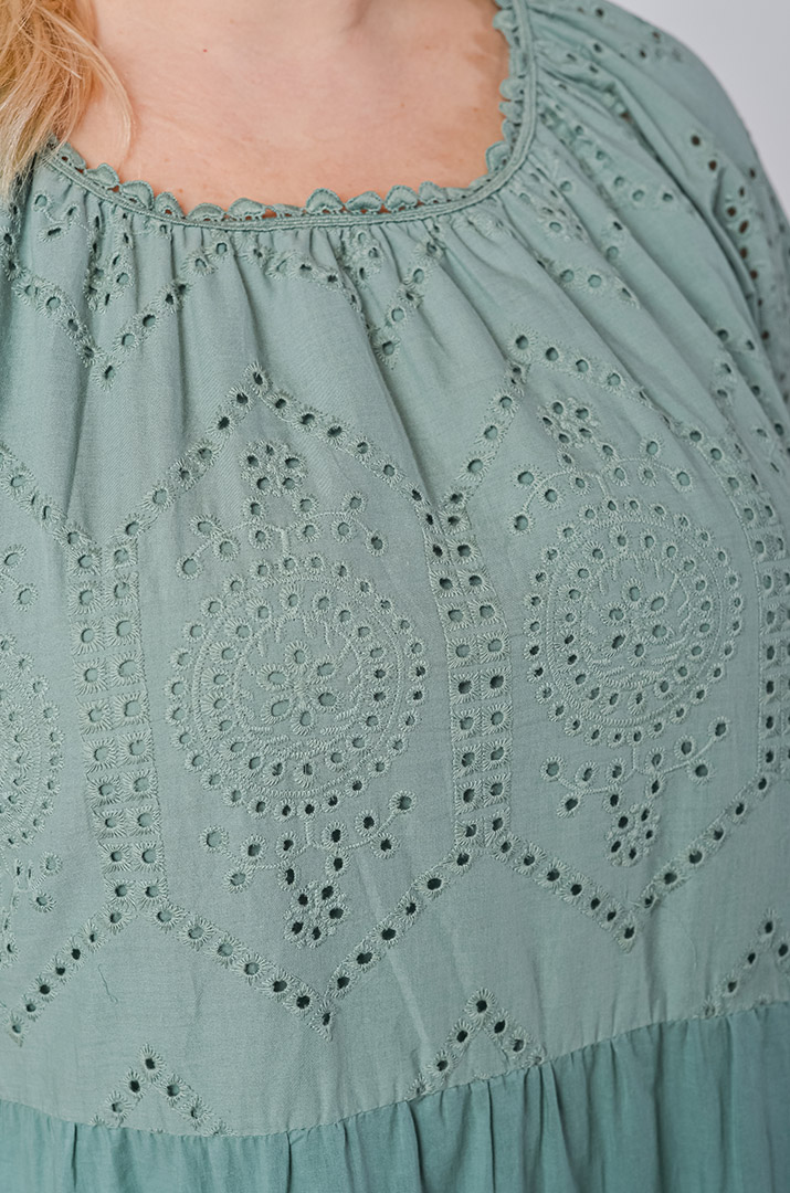 Сукня максі з ажурною вишивкою та фактурними рукавами великих розмірів