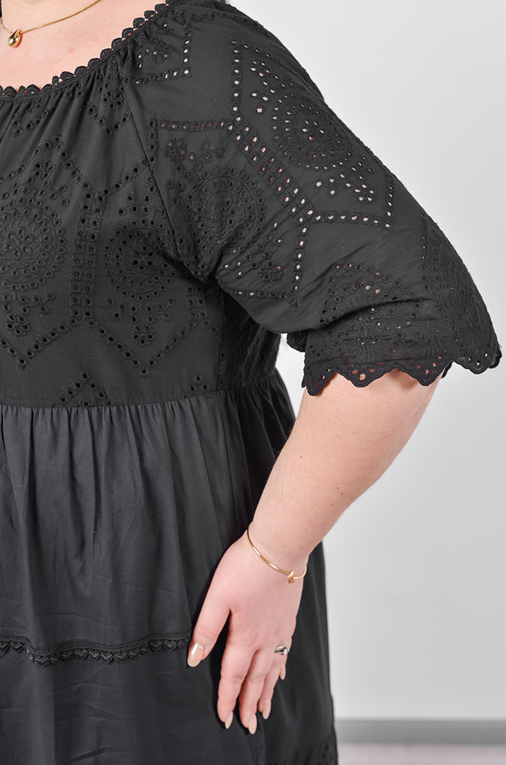 Сукня максі з ажурною вишивкою та фактурними рукавами великих розмірів