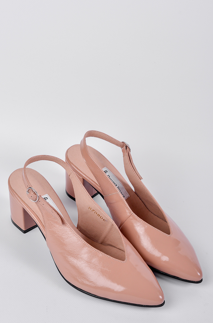 Лаковые туфли с открытой пяткой на каблуке пудрового цвета больших размеров