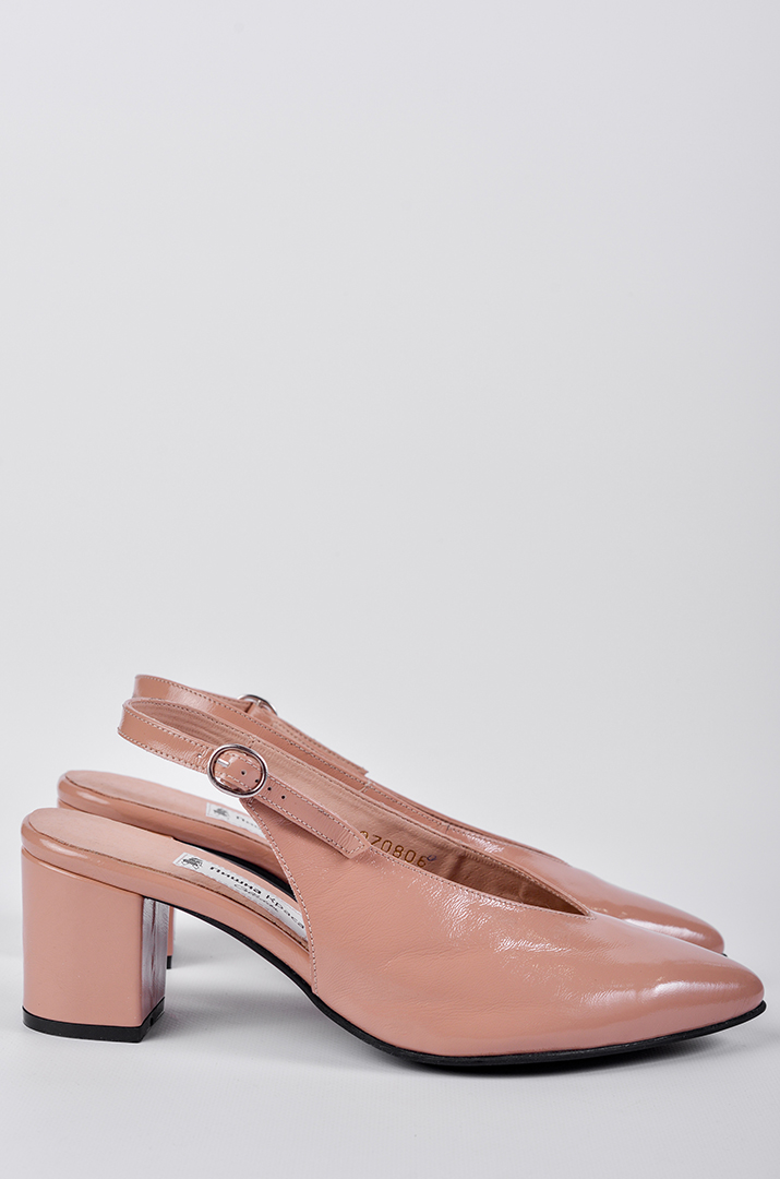 Лаковые туфли с открытой пяткой на каблуке пудрового цвета больших размеров