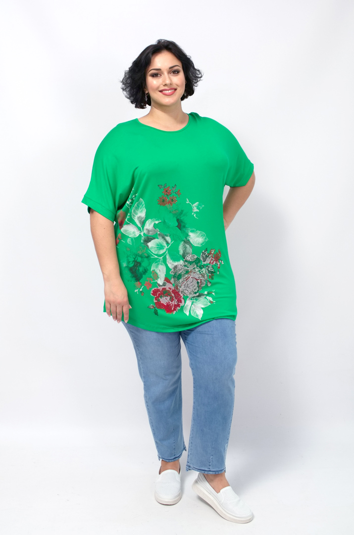 Трикотажна туніка в принт з блискітками батал