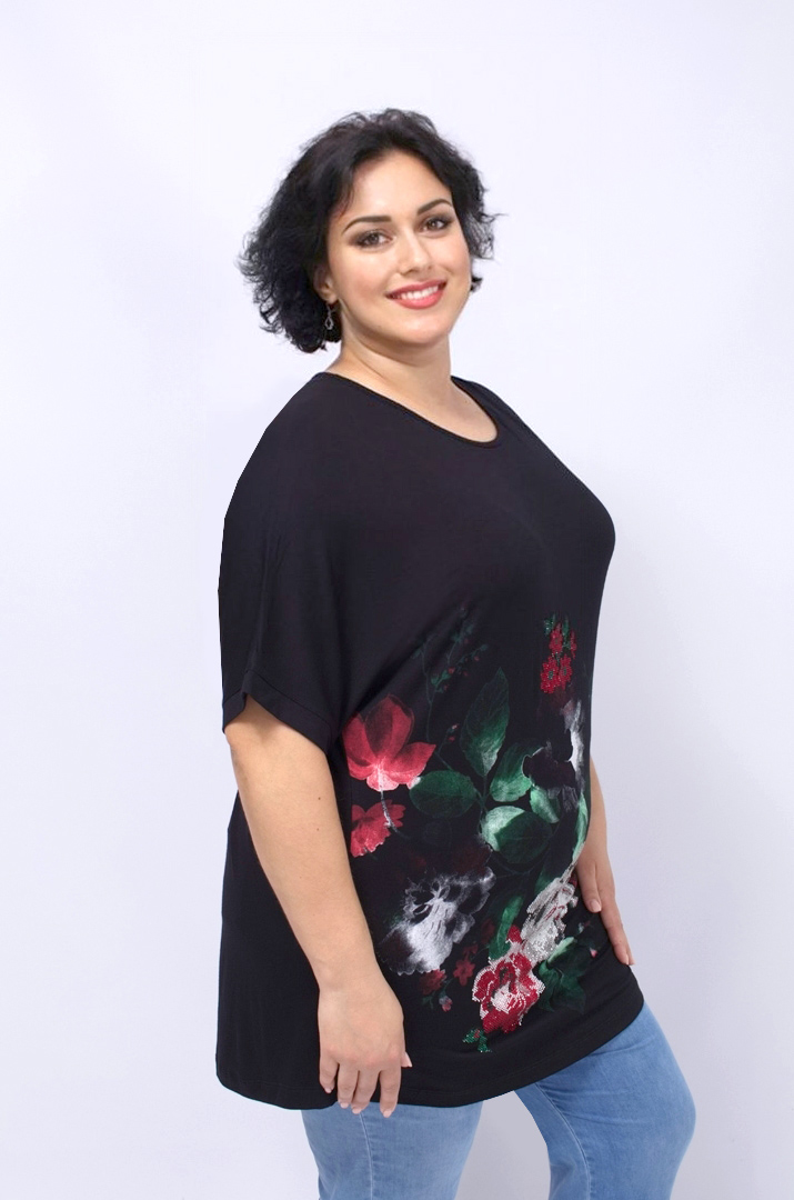 Трикотажна туніка в принт з блискітками батал