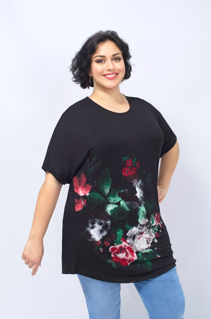 Трикотажна туніка в принт з блискітками батал