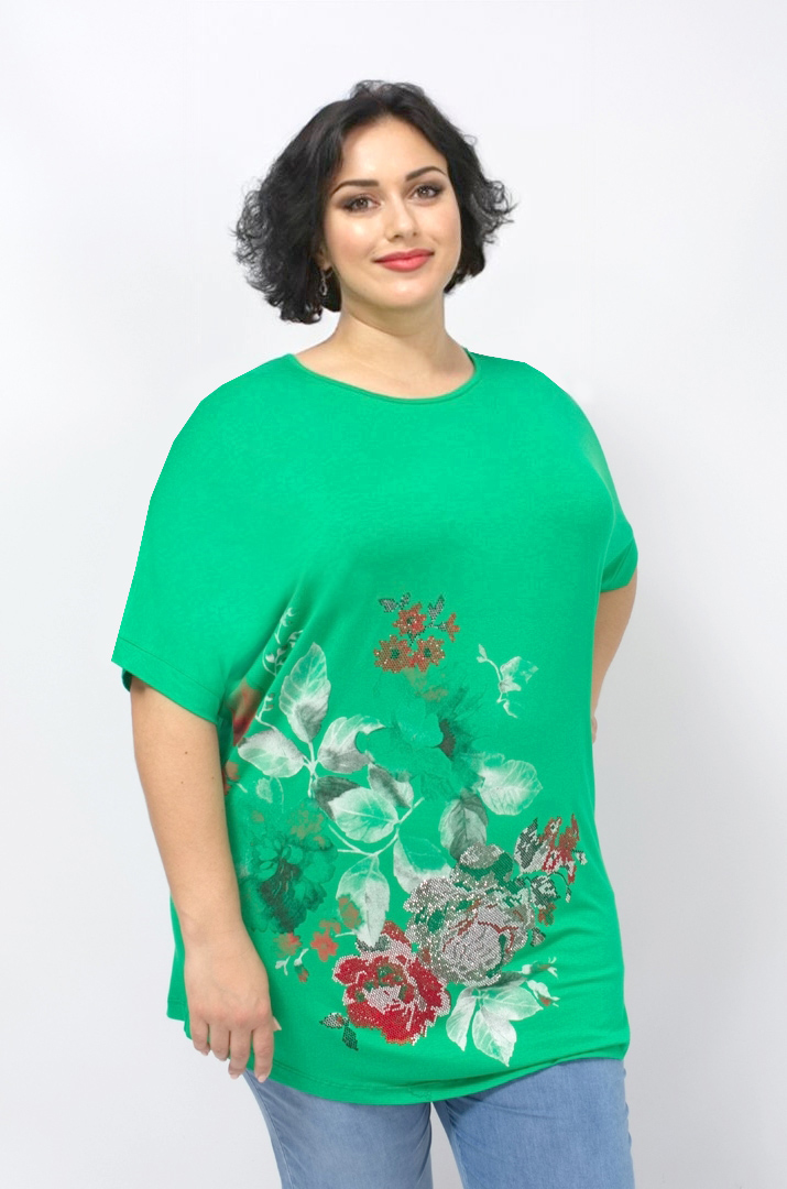 Трикотажна туніка в принт з блискітками батал