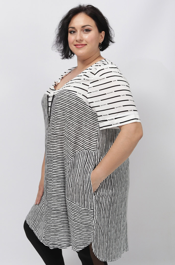 Туника штапель в полоску с молнией больших размеров супер батал